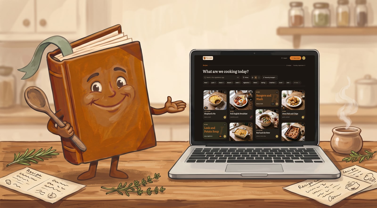 The cookbook mascot presenting the recipe overview on a laptop