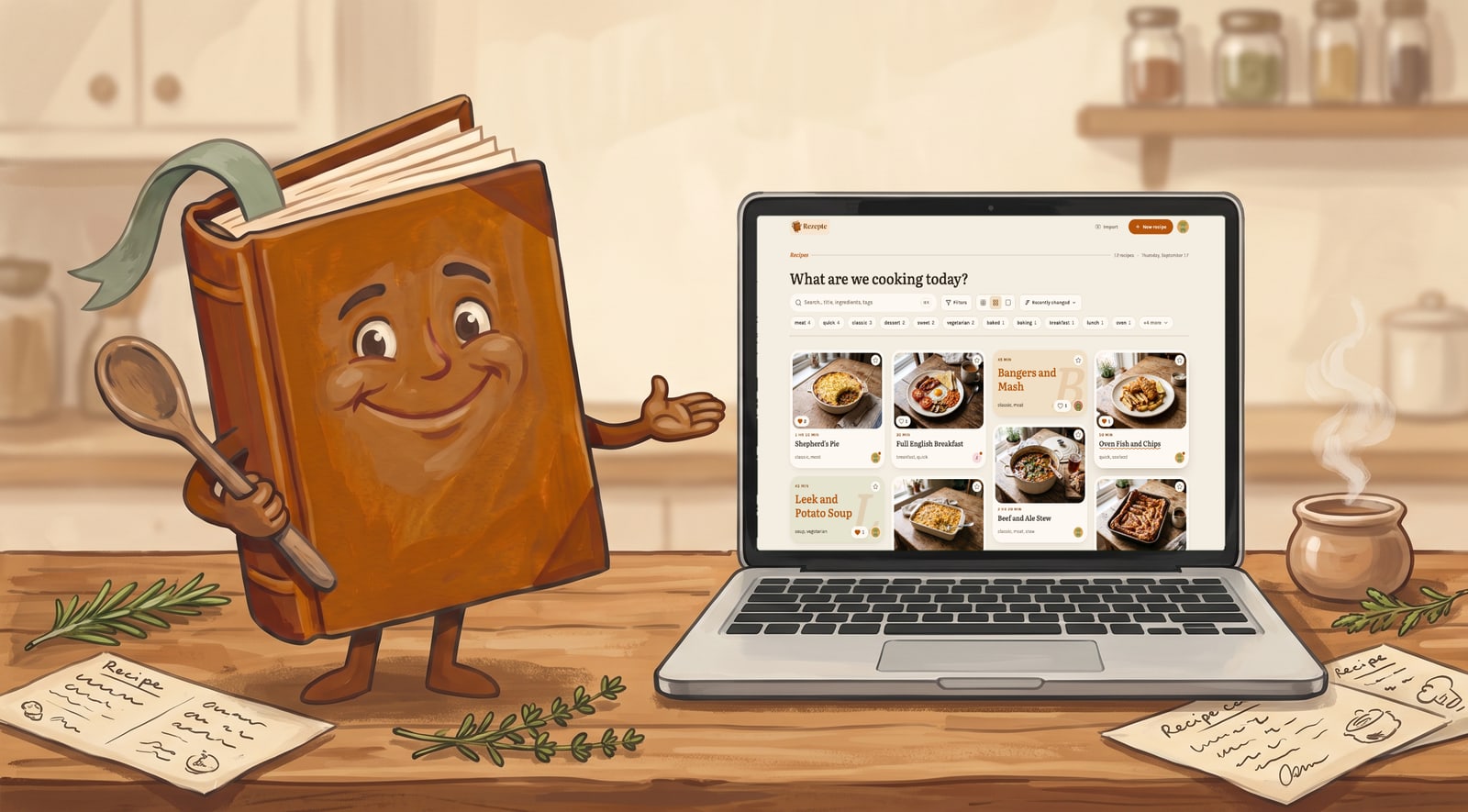 The cookbook mascot presenting the recipe overview on a laptop